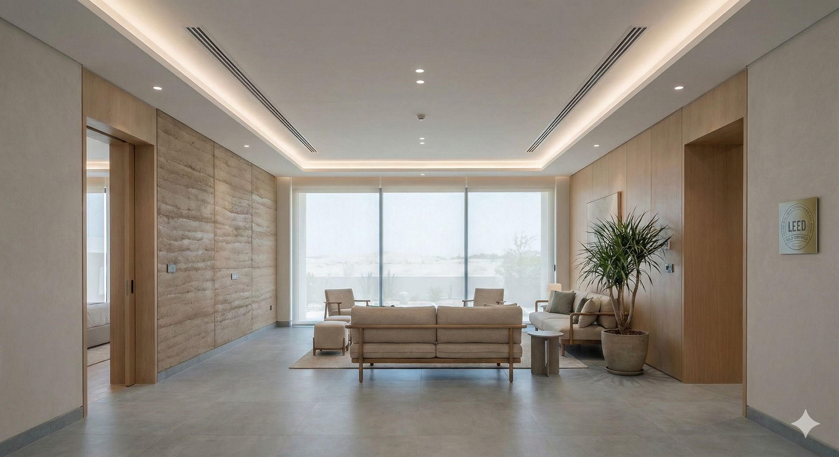 Eco-friendly interior renovation in Kuwait using energy-efficient lighting, modern layouts, and climate-resistant materials